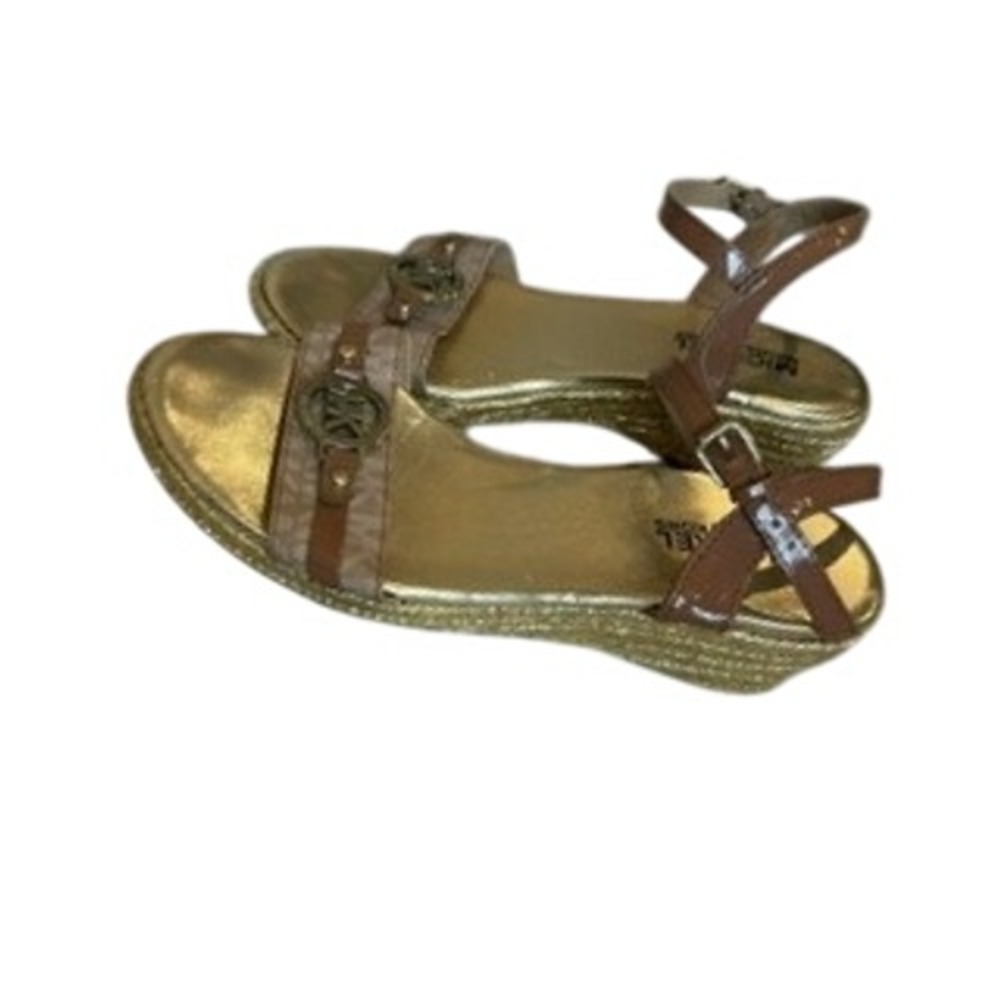 Michael Kors Gold Tan Monogram Espadrille Wedge Sandals MK Logo Buckle Strap
